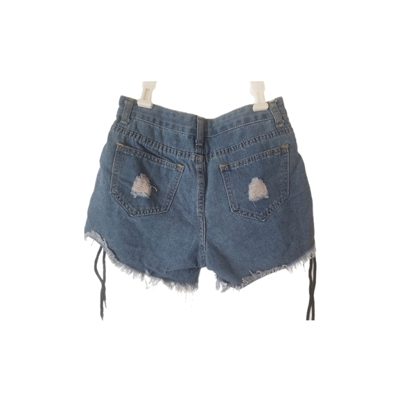 Distressed Denim Shorts with Lace-Up Sides - Picture 2 of 2